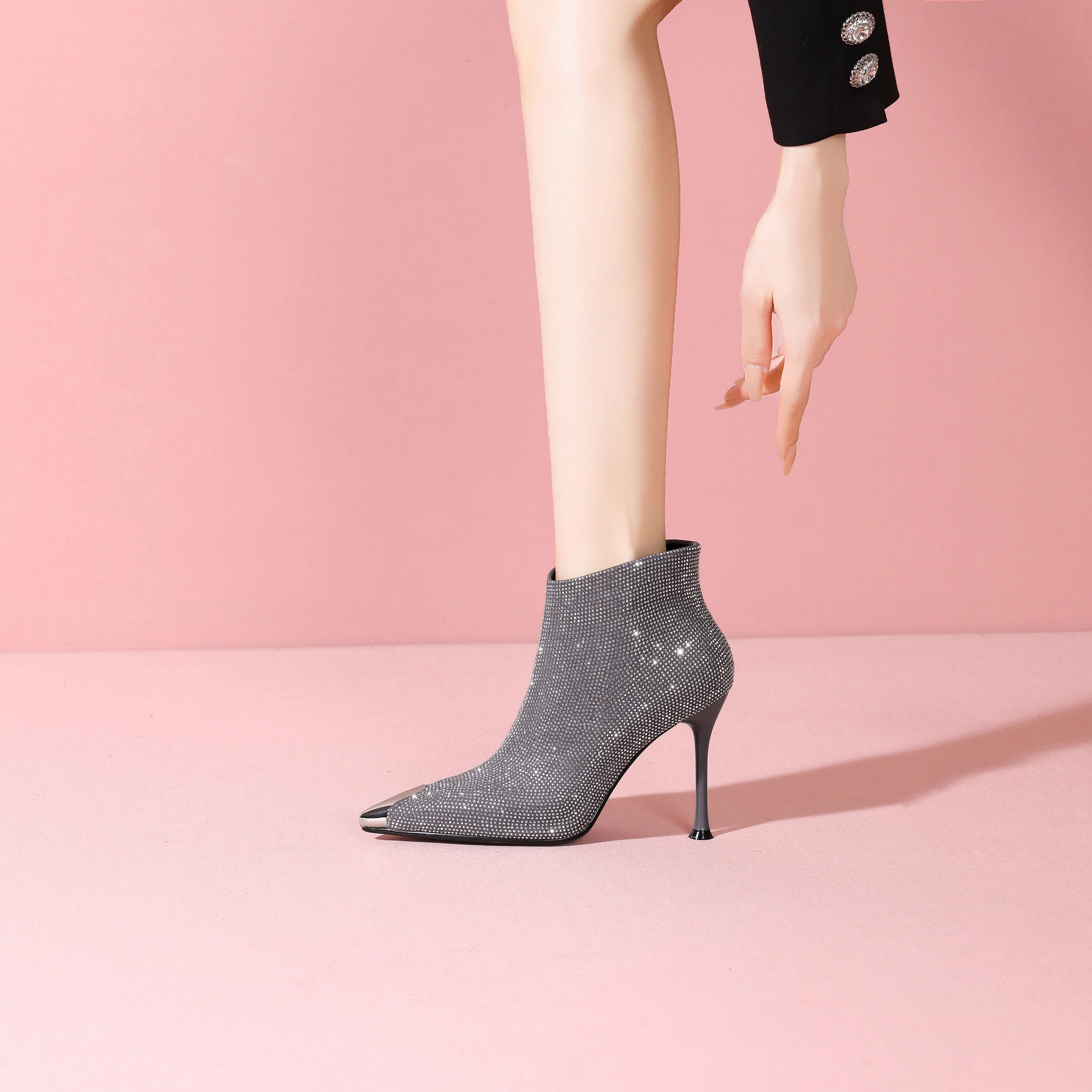 

Handmade Genuine Leather Ankle boots Pointed Toe Rhinestone Glitter High Heels Side Zipper string Bead Elegant Pumps For Women