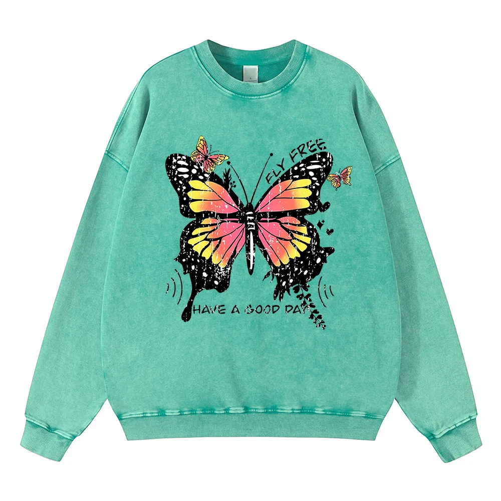 Vintage Distressed Washing Have A Good Day Butterfly Fly Free Men Hoodie Loose Clothes Casual Hoody Fashion Cotton Sweatshirt