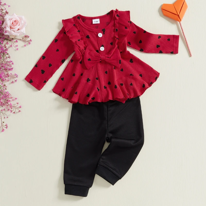 Newborn Infant Baby Girls Clothes Sets Love Heart Pattern Long Sleeve Pants Outfits