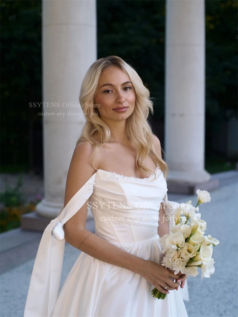 Ssytens vestidos de casamento linha a fora do ombro arco pérolas cetim vestidos de noiva longo praia vestidos de noiva robe de mairee personalizado