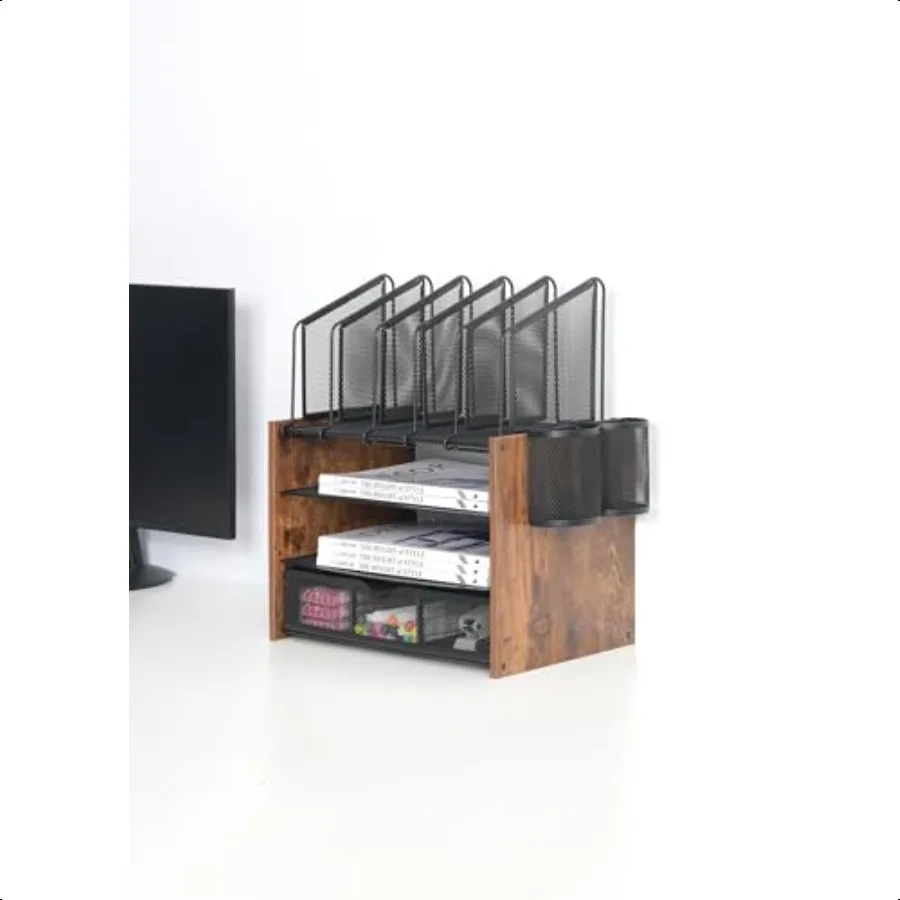 4-уровневый сетчатый настольный органайзер с деревянными держателями для файлов, 5 вертикальными отделениями, 2 отделения для ручек и ящиком для настольного хранения для