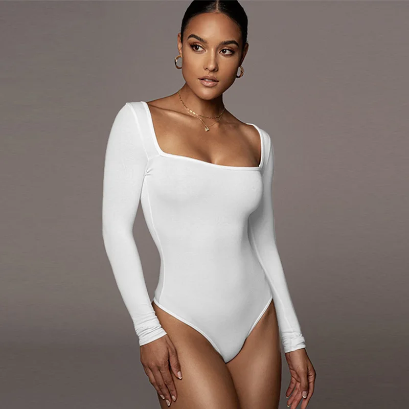 เซ็กซี่สแควร์คอยาวแขนยาว Slim Playsuits ผู้หญิงพับ-Filled Body Solid สี Rompers 2023ฤดูใบไม้ร่วงและฤดูหนาวชุดจั๊มสูทสั้น