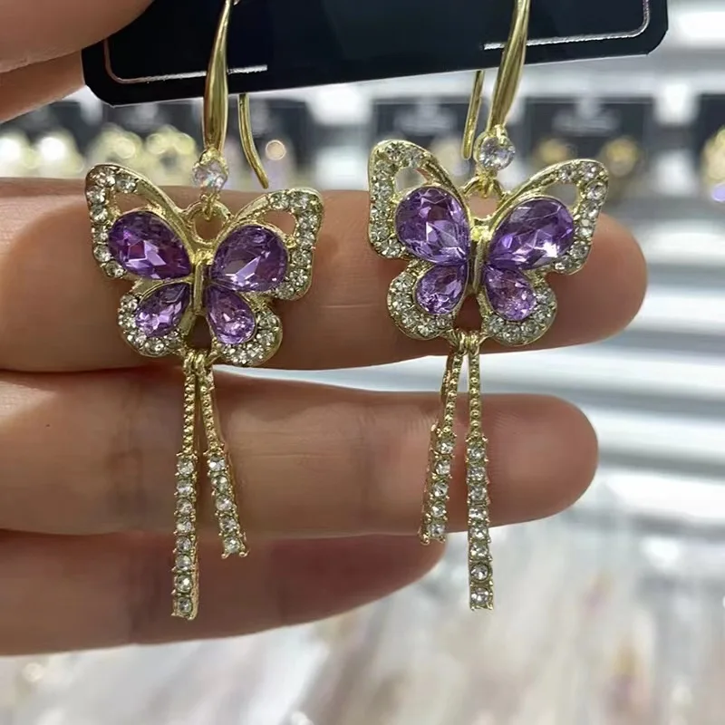 New Lnlaid Zircon Black/White/Purple Crystal Pearl Silver Colour Butterfly Earrings Women's Personality Earrings Party Jewelry