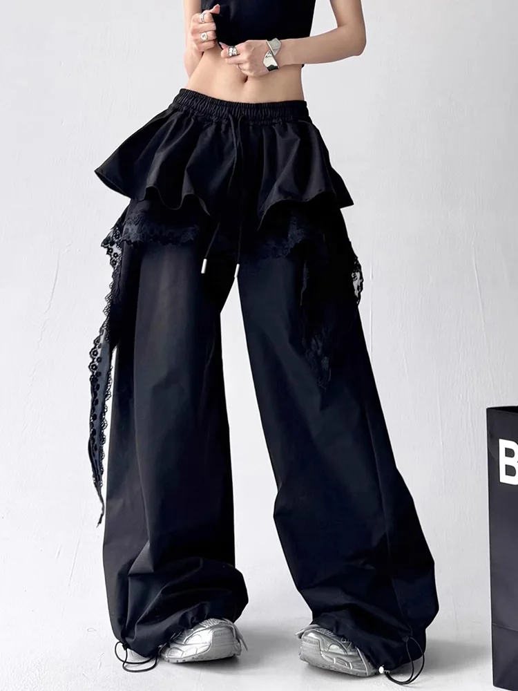 Y2K الطبقات تنورة السراويل النساء الدانتيل المرقعة واسعة الساق السراويل الشارع الشهير ملابس العمل سراويل تقليدية الموضة #3