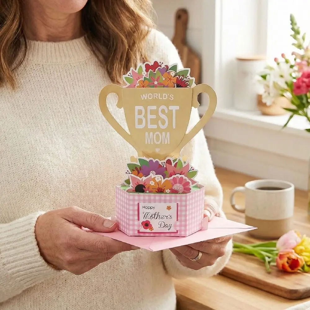 

Romantic Mother's Day Greeting Card with Envelope Blessing 3D Award Cup Greeting Cards Paper Sculpture Creative Thank You Card