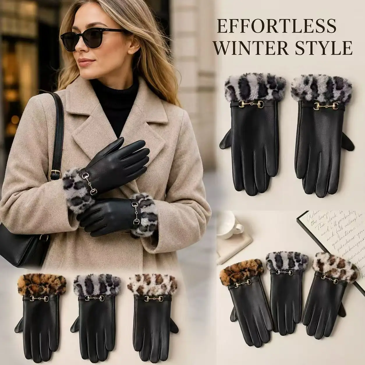 Women's Leopard Print Gloves with Furry Cuff, Gold Chain, Touchscreen Five Finger Warm Fashion Gloves