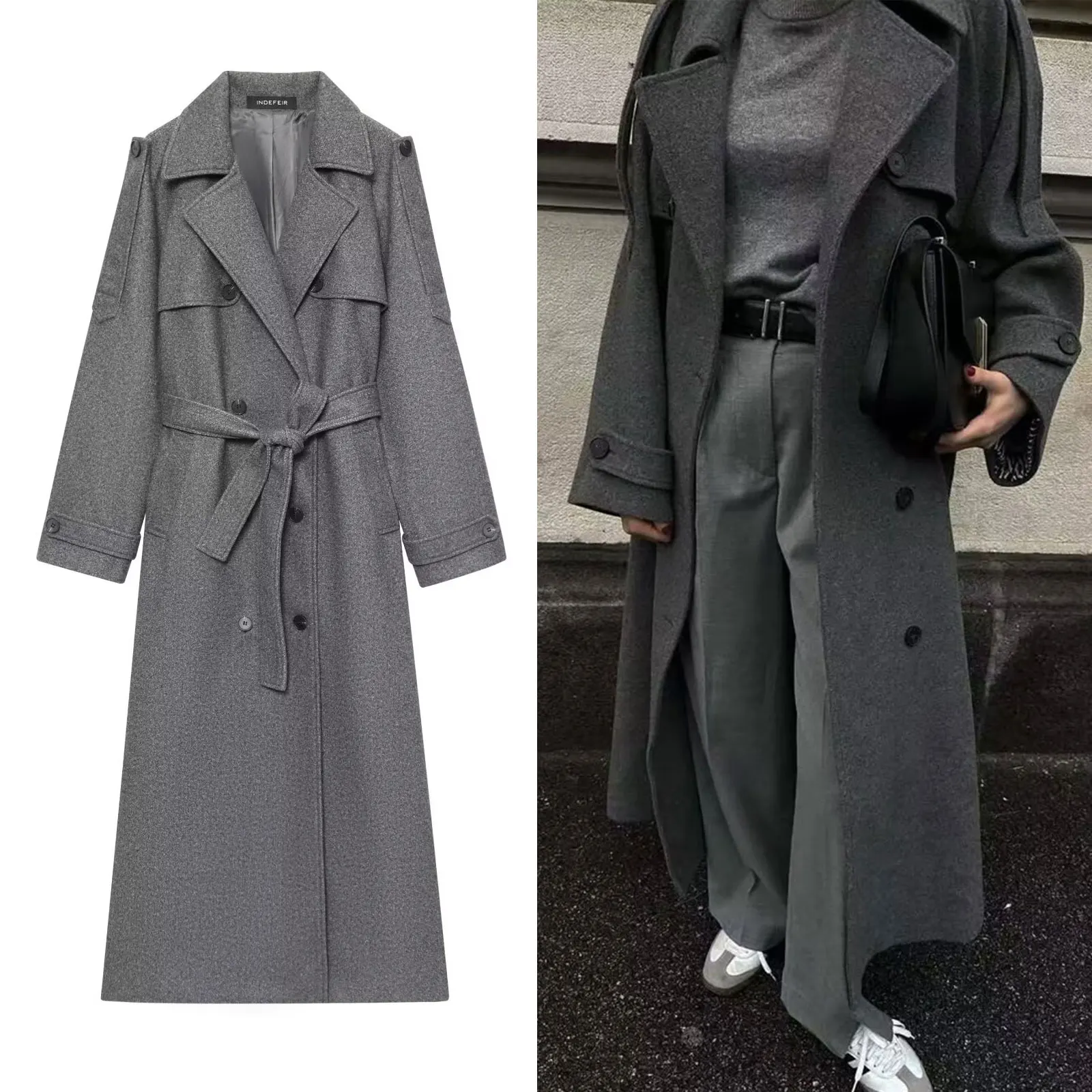 

HH Office Women Autumn Elegant Windbreaker Solid Long Sleeve Double-breasted Lace Up Pockets Commuting Simple Retro Trench Coats