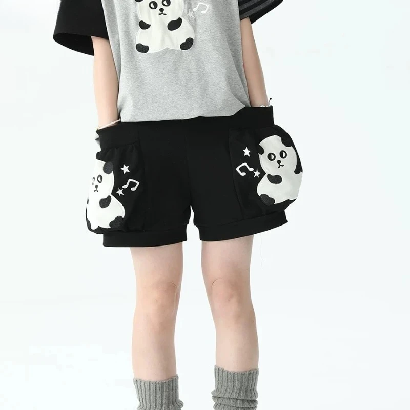 Pantalones cortos de algodón japonés Lolita para mujer, pantalones cortos informales bonitos y estéticos Y2k con cintura elástica Kawaii, bordado de Panda, verano