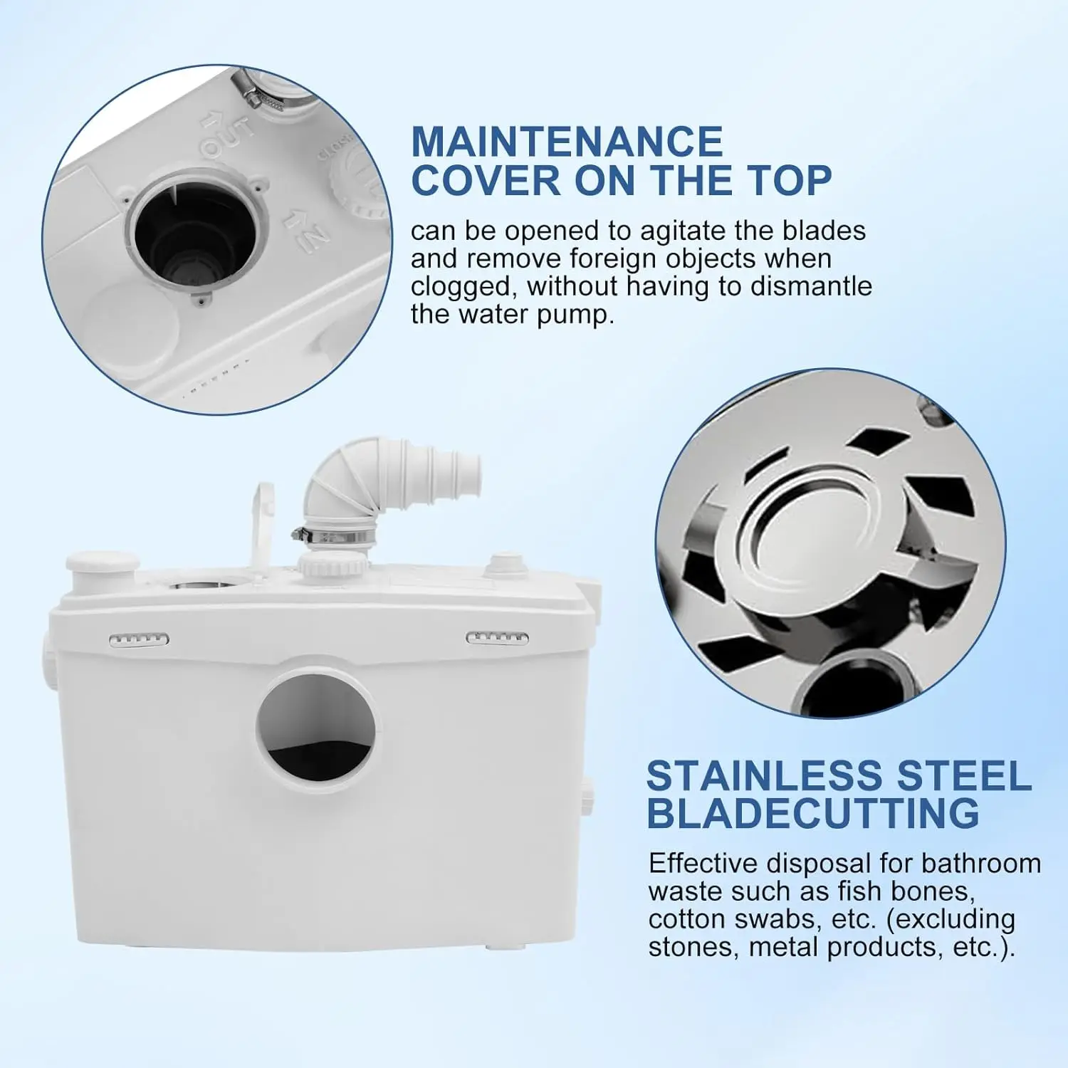 مضخة Macerator بقدرة 800 وات، مضخة تواليت Macecrating للطابق السفلي مع 4 وصلات مائية لمرحاض Macerating والغسيل