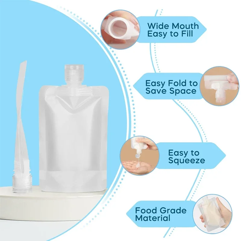 10 Uds 30ml/50ml/100ml bolsa vacía para muestra, bolsas de pie, contenedores cosméticos de tamaño de viaje para artículos de tocador, champú, Gel de ducha