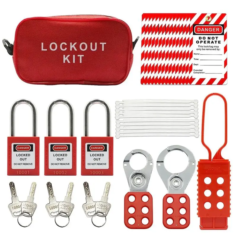 Lockout Tagout Set -Lockout Tagout Tag, Nylon Stropdas, Nylon Opbergtas, Roodveiligheidshangslot, Lockout Tagout Sloten (Rode Kit) -AEF7