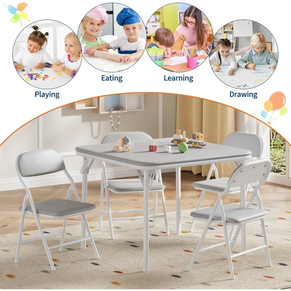 Ensemble de table et de chaises pliantes pour enfants Garvee 5 pièces – Table d'activités avec surface en cuir PU, cadre en acier robuste, design compact, idéal pour salles à manger, garderies et salles de classe.