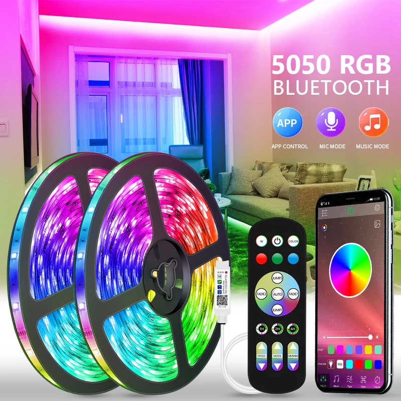 

5050 RGB LED Strip Lights APP Bluetooth LED Flexible Ribbon 5M-30M Waterproof Diode Tape+Control+Adapter For Room Home Party