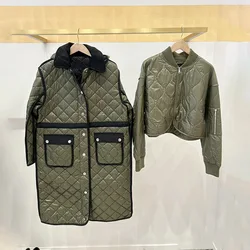 Autumn Winter Women Green Plaid Jacket Contrast Color Single Breasted Mid-Length Hooded Coat or Stand Collar Zipper Short Coat