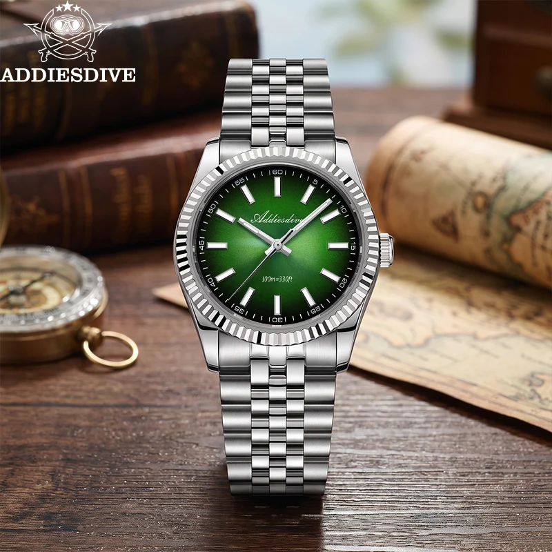 ADDIESDIVE Herrenuhr 36mm Saphirglas Nachtlicht 10Bar Taucheruhr 316L Edelstahlarmband VH31 Uhrwerk Quarzuhr AD2073