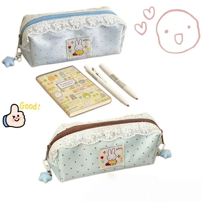 Minimalist Miffy Polka Dot Pencil Case with Lace Trim | Large Capacity Ins-Style Stationery Bag for Students