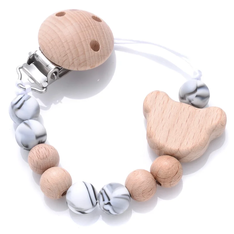 Attache-tétine en silicone pour bébé, perles rondes, porte-sucette en bois, jouets d'allaitement, cadeau de douche