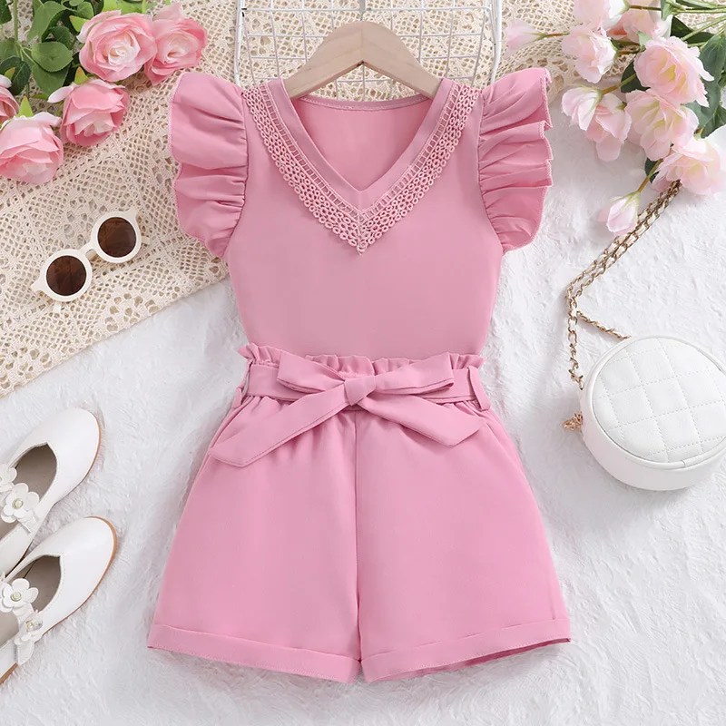 

2024 New Child Clothes Sets Short Sleeve V Neck Ruffles Tops Pink Shorts 2 Piece Sets Designer Girls Clothes Set 18M-6T