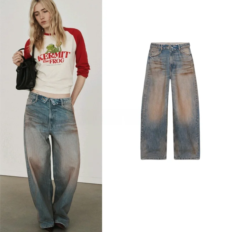 

Новые женские джинсы на весну с металлическими пуговицами и молнией, удлиненные, со средней посадкой, повседневные, с дырками, широкие штанины, из полиэстера.