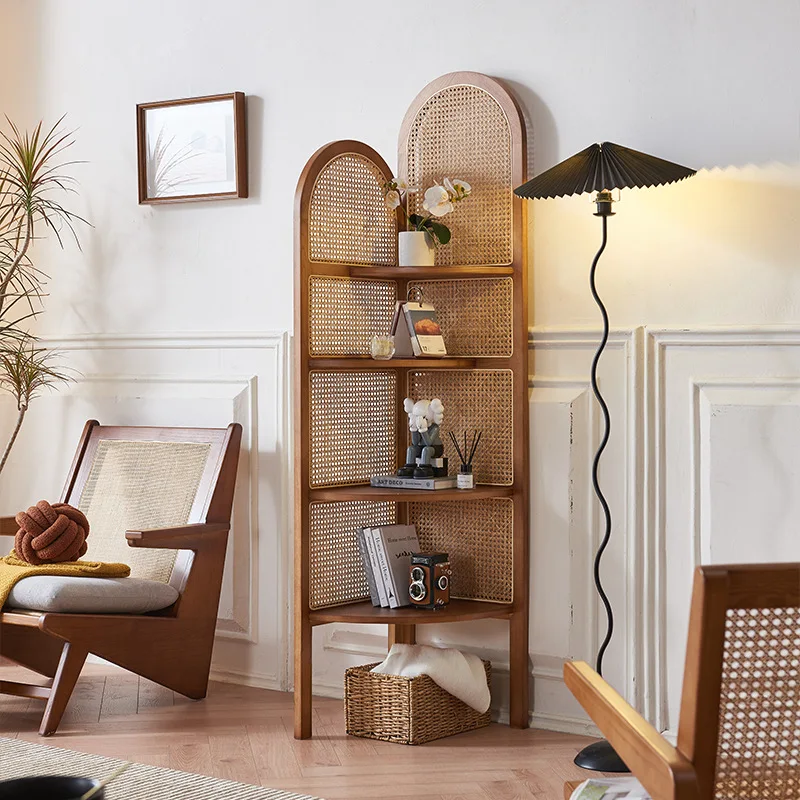 Japanese-style solid wood rattan corner cabinet household small apartment multi-layer shelf homestay simple bedroom corner corne