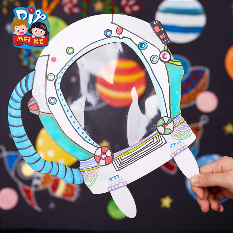 Criativo pequeno astronauta máscara, DIY artesanal produção materiais kit, jardim de infância puzzle, Graffiti brinquedos, 2pcs