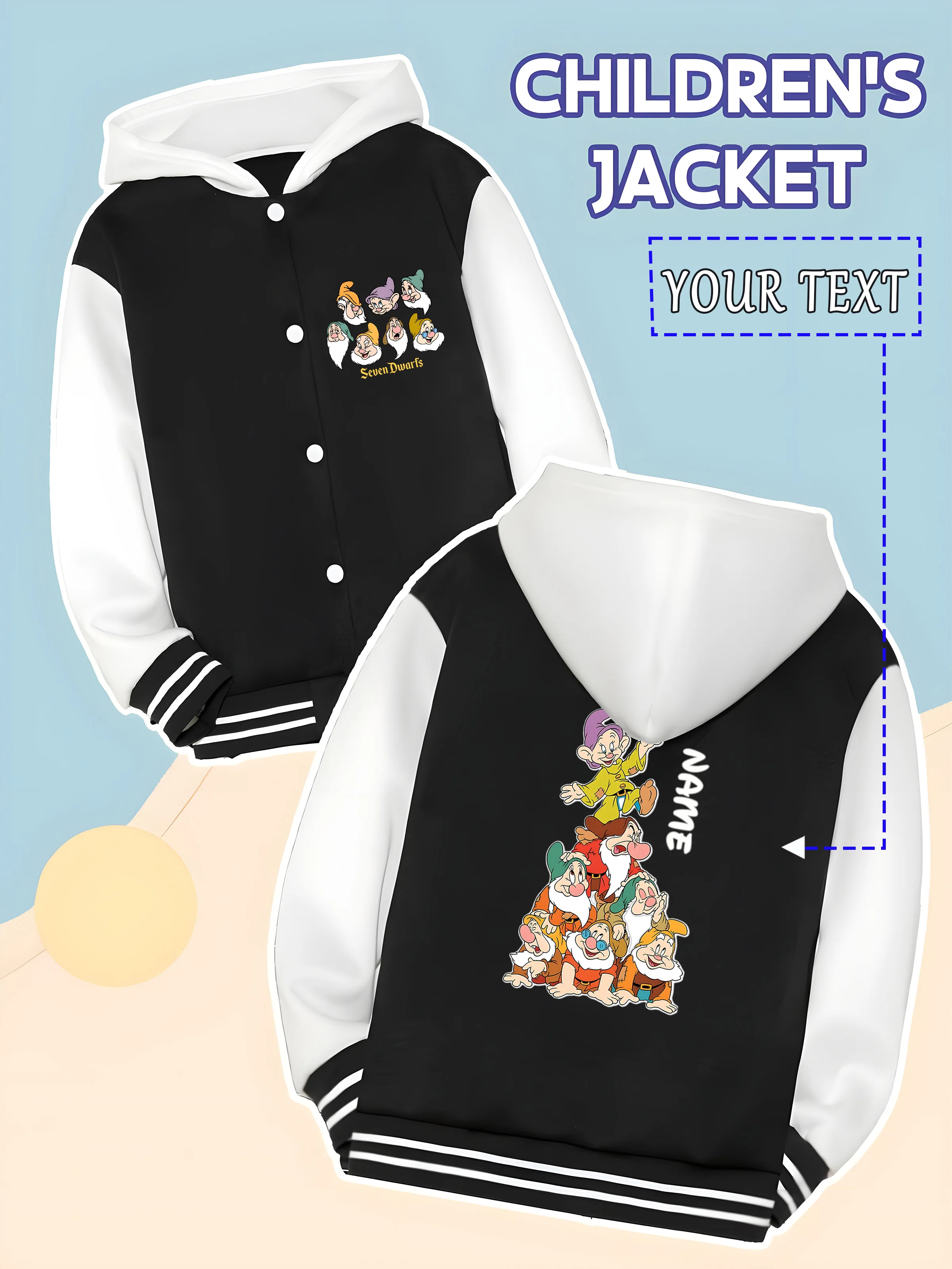 

MINISO Disney Seven Dwarfs Fun Boys Baseball Jacket - Dwarf stacking fun is full of cuteness, and "NAME" blends into the joyful