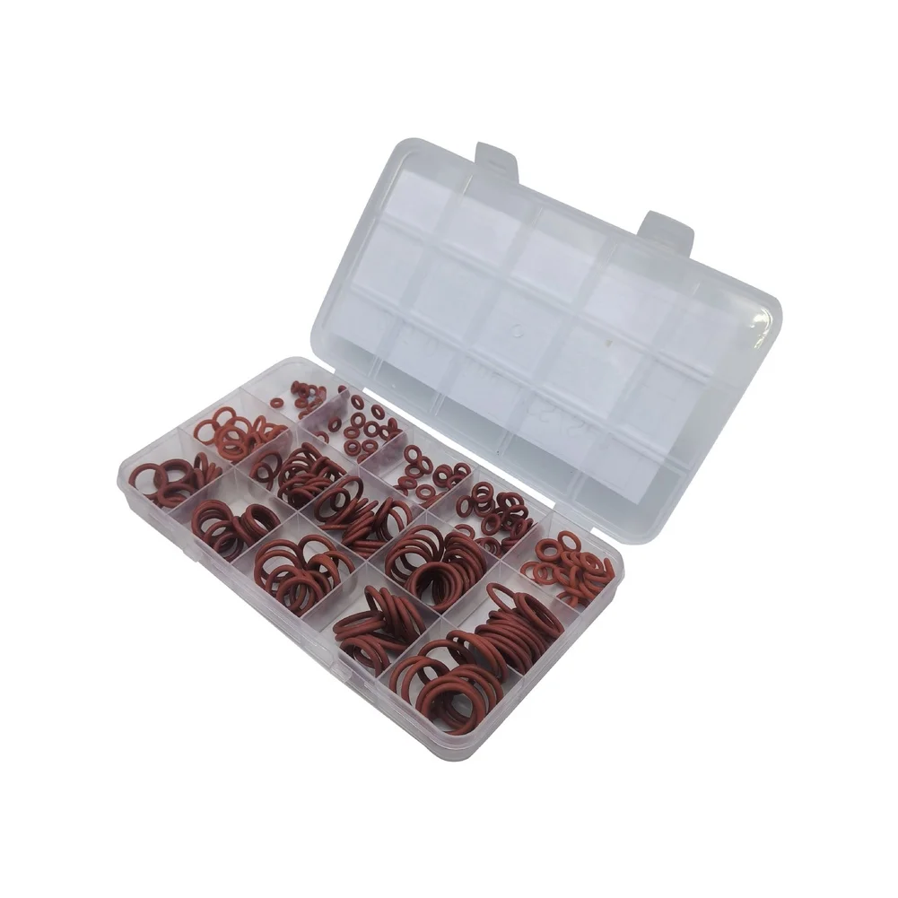 High Temp Resistant Red Silicone O Ring Kit 225pcs Sealing Gasket Set for Industrial Valves Pumps and Pressure Systems