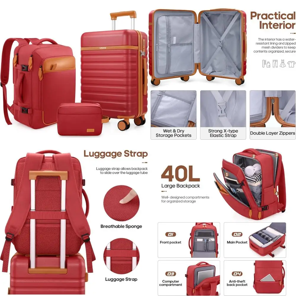 ชุดกระเป๋าเดินทาง UKEIN 3 ชิ้น, กระเป๋าเดินทางขึ้นเครื่องขนาด 20 นิ้ว พร้อมล้อหมุน, ชุดกระเป๋าเดินทางแบบแข็ง PC พร้อมกุญแจ TSA, กระเป๋าเดินทางขึ้นเครื่องที่ทนทาน