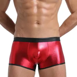 Men Underwear Shiny Imitation Leather Color Matching Boxers High Elastic Low-Rise Underpants Sexy U Convex Pouch Boxer Knickers