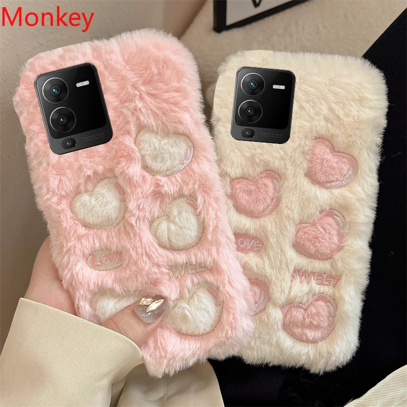 Korean Cute Love Heart Plush Warm Fluffy Phone Case For VIVO V25 V23E V21 V20 Y22 Y33S Y21 Y31 Y16 Y35 Y15A Y76 Furry Soft Cover