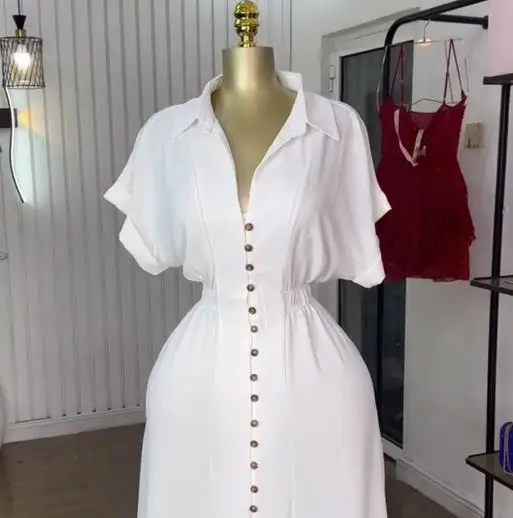 2025 여름 신상 여성 의류 패션 라펠 반팔 싱글 버튼 허리 조절 슬릿 셔츠 원피스
