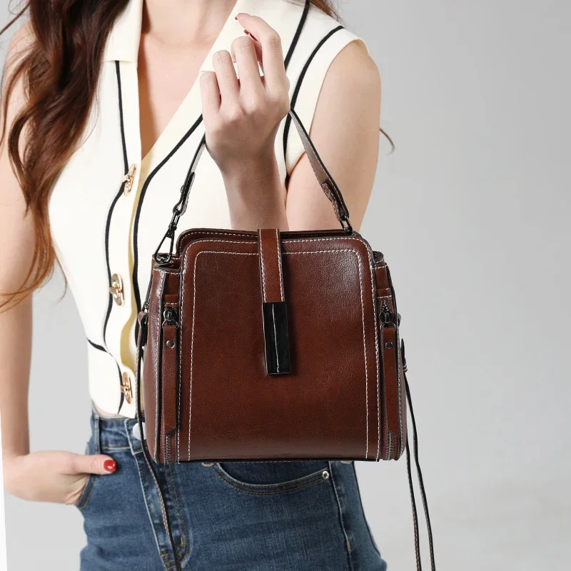 Genuine 100% Oil Wax Cowhide Leather Women Crossbody Bag Ladies Cow Handbag Cow Leather Shoulder Bag Luxury Brand Bucket Bag
