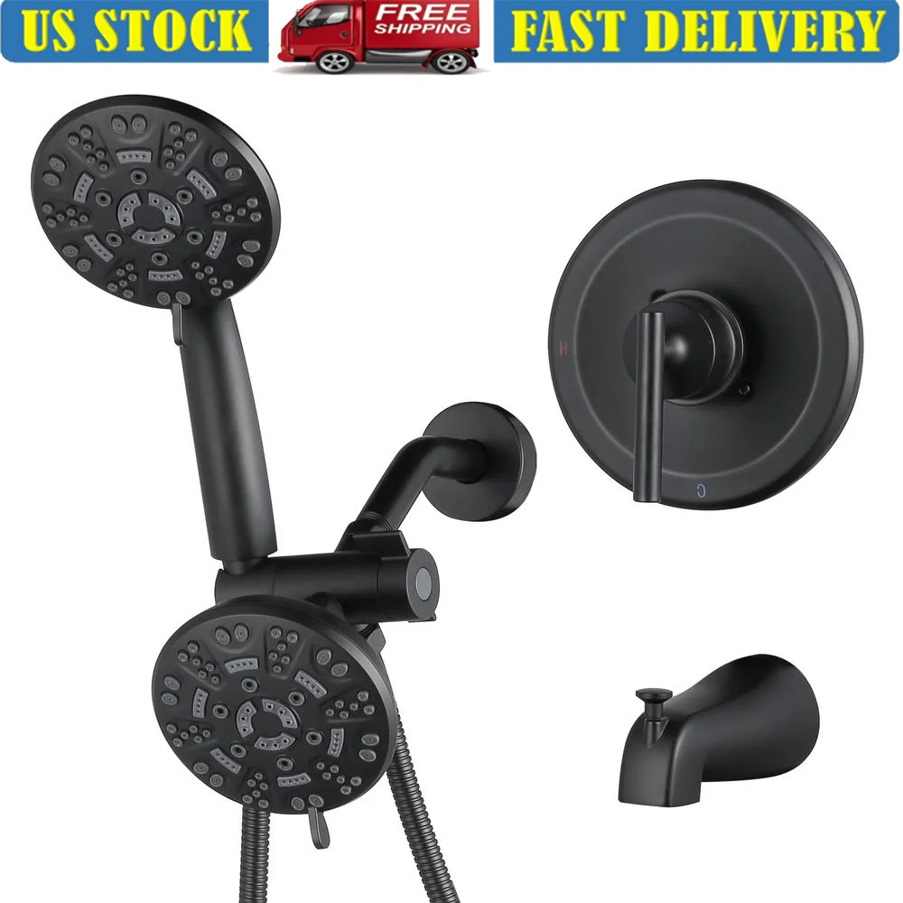 Black Shower Tub Faucet Set 7 Modes Handheld Shower Kit Dual System Luxury Rain Spa Massage Head Brass Valve 3-Way Diverter