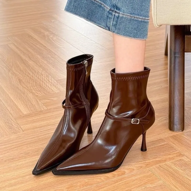 

Women High Heel Short Leather Boots New Style Fashion Female Pointed Thin Heel Boots Ladies Ankle Short Boots Zapatos De Mujer