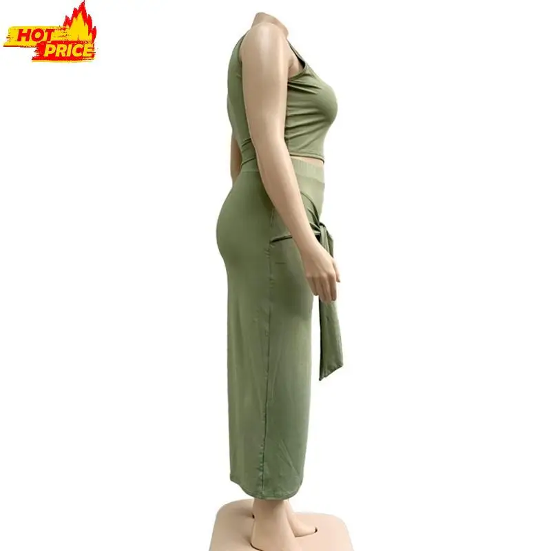 

Women Summer 2 Piece Outfits Set Sleeveless Crop for Tank Top and Tie Knot Front Midi Long Bodycon Skirt Solid Color
