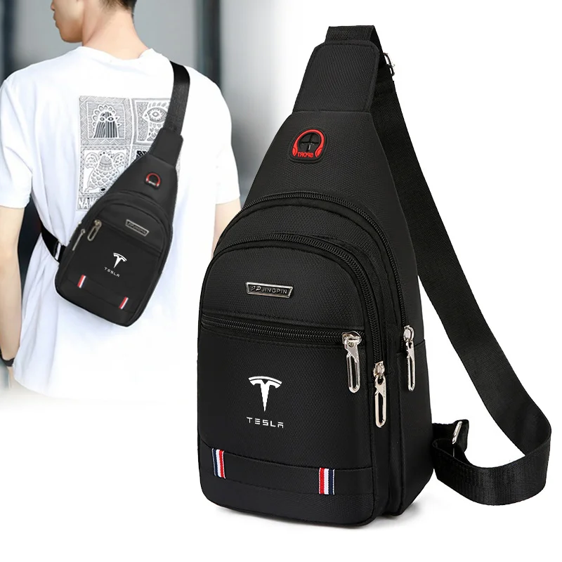 

New Car Logo Men's Shoulder Multi-Pockets Travel Bag With Charging Cable Hole For Tesla Model 3 Model X model Y Auto Accessories