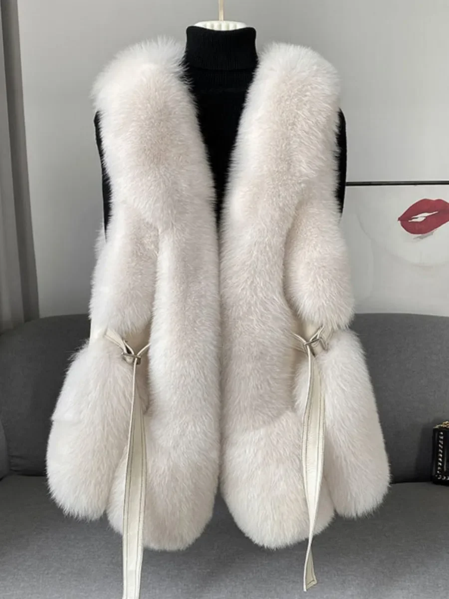 2023 New Autumn Winter Faux Fox Fur Women Vests Coat Mid-long Patchwork Waistcoat Elegant V-neck Sleeveless Fur Jacket Outwear