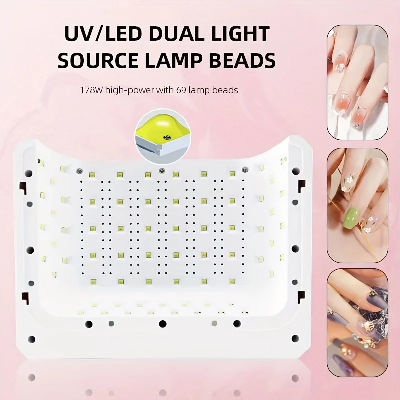 178W Rechargeable UV LED Nail Lamp Professional Gel Polish Drying Lamp with PU Hand Pillow and 69 Beads for Home Manicure Salon