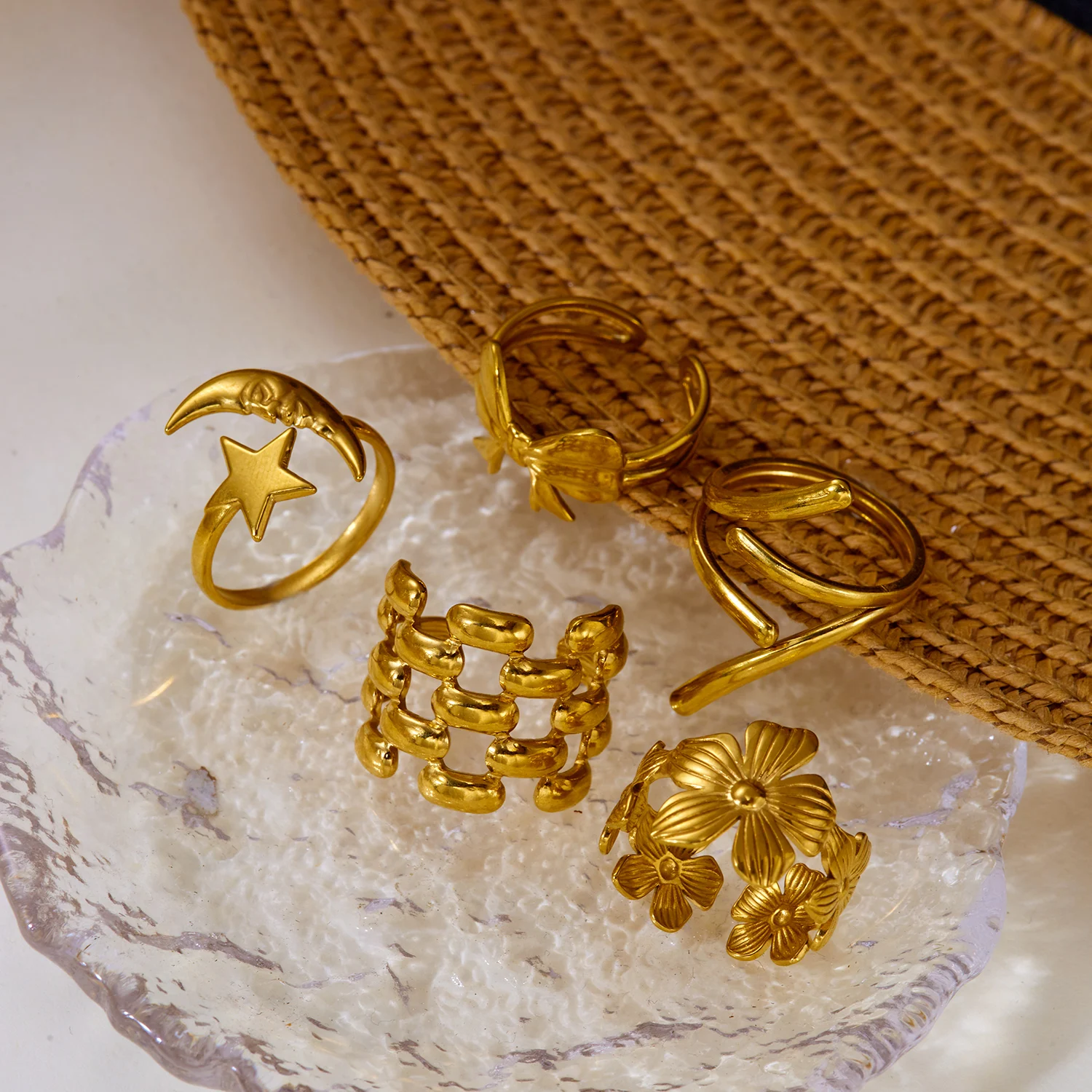 5-teiliges Vintage-Set mit Blatt-Textur Edelstahl-Ringe in Goldton für Frauen, Stapelbare Boho-Statement-Ringe für den Alltag, Eleganter Natur-Schmuck – Detail 11