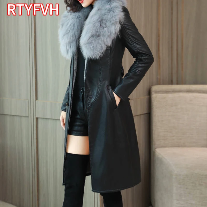 Women's Leather Jacket Winter 2024 New Add Velvet Warm Slim Big Fur Collar Long Leather Coat Female Outerwear With Belt M-4XL