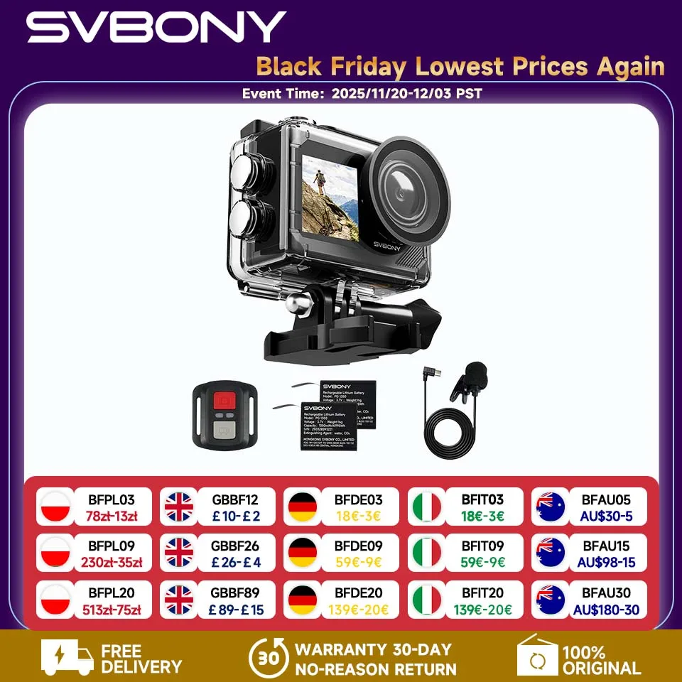 

Svbony SVGo2 Action Camera Selfie Dual Screen True 4K 6-axis EIS IPX8 Waterproof Case Buoyancy Stick for Underwater Vlog Surfing