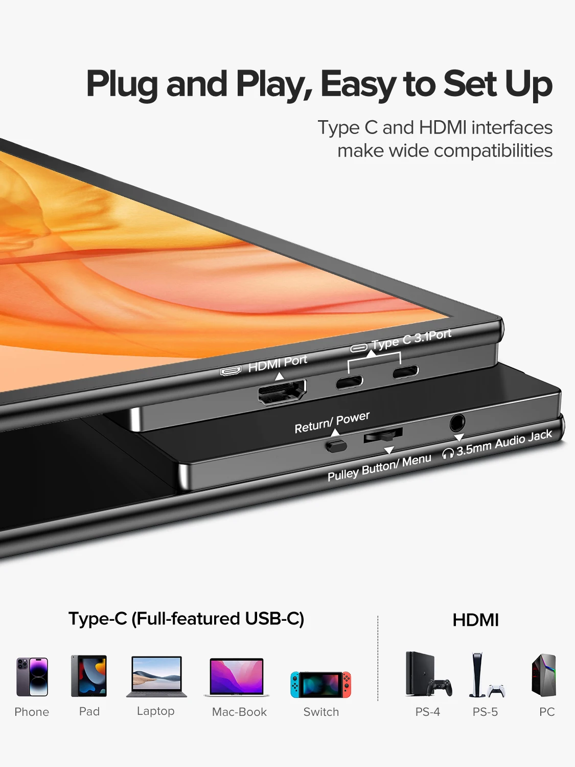 شاشة ألعاب محمولة UPERFECT مقاس 21.5 بوصة تعمل باللمس 120 هرتز بدقة 1080 بكسل مع حامل ومكبر صوت HDMI USB C شاشة خارجية لأجهزة الكمبيوتر المحمول والهاتف والحاسوب Xbox Switch