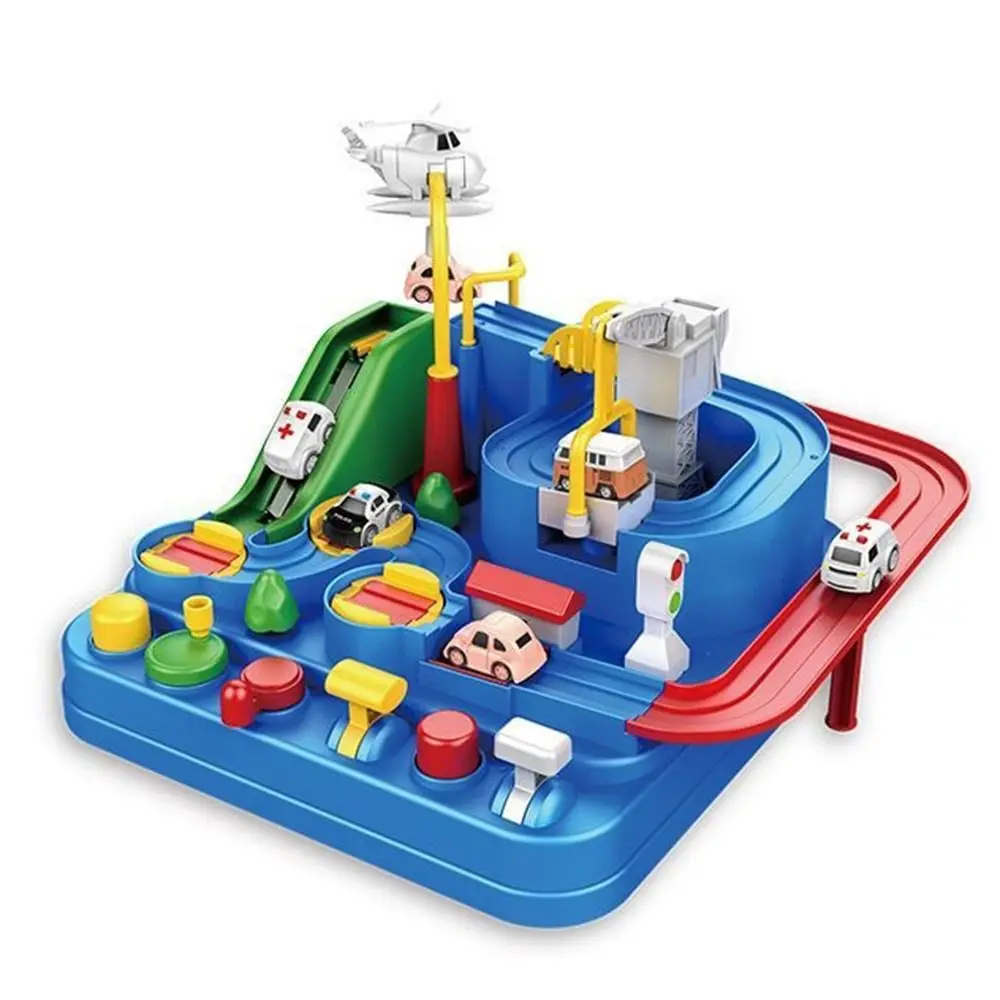 Modelo de carro ferroviário de corrida vermelho e azul, plástico, interação pai-filho, desafio, aventura, brinquedo, inércia, costa