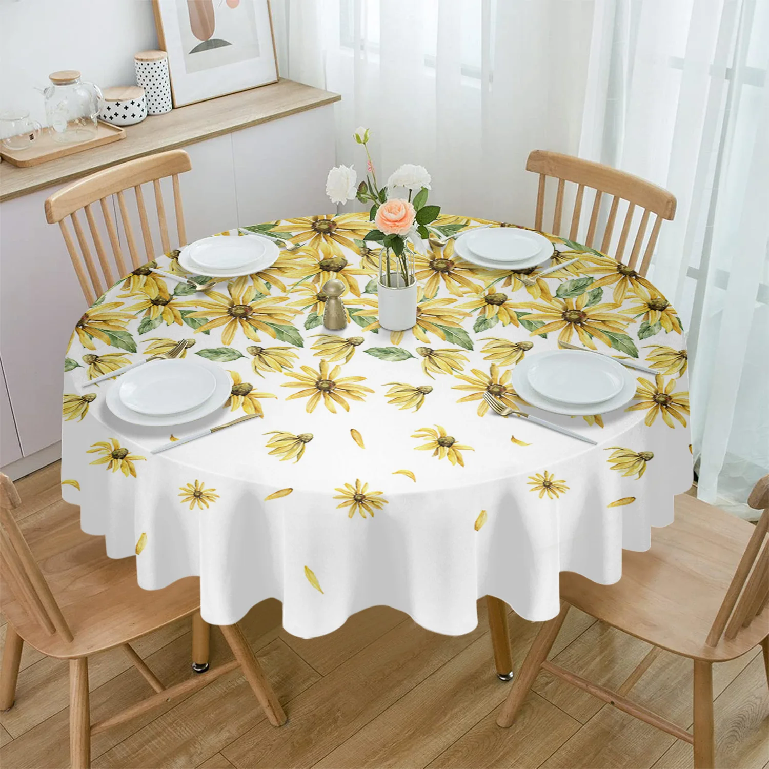 

Yellow Daisy Flowers Round Tablecloths for Dining Table Waterproof Table Cover for Kitchen Living Room