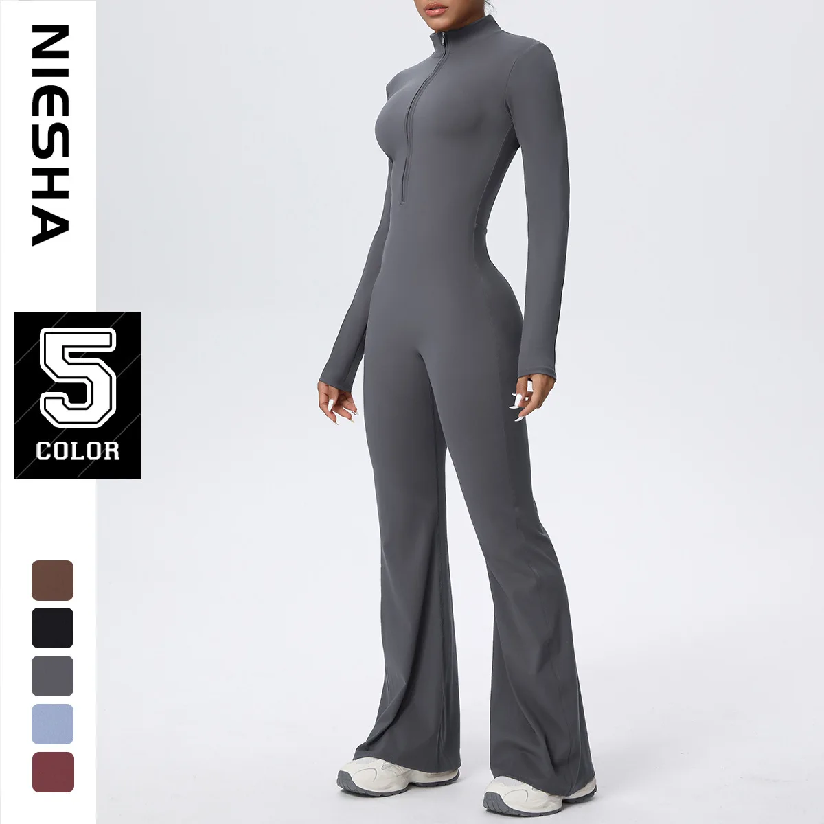 

Zipper Nude Long Sleeved Yoga Bell Bottoms Jumpsuit Running Fitness Suit Sports Trend Jumpsuit Tight Fitting Suit
