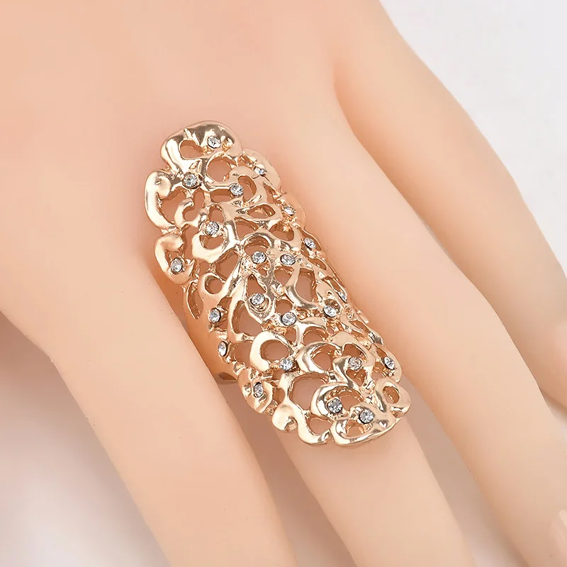 Hollow Out Rings New Fashion Retro Exaggerate Crystal Gold Color Big Knuckle Rings For Women Jewelry Gifts Long Wedding Rings