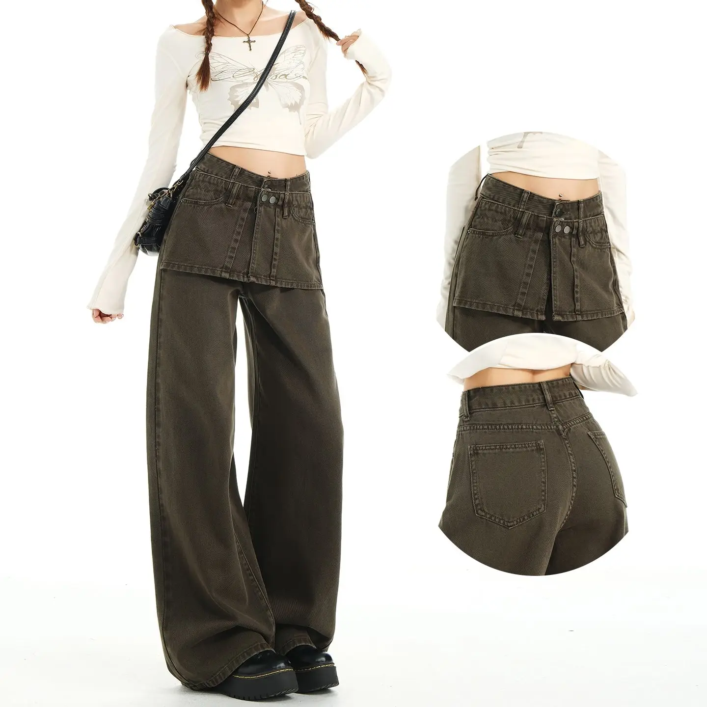 وهمية 2 صور السراويل البضائع غير رسمية النساء خمر المرقعة عالية الخصر بنطلون مستقيم 2025