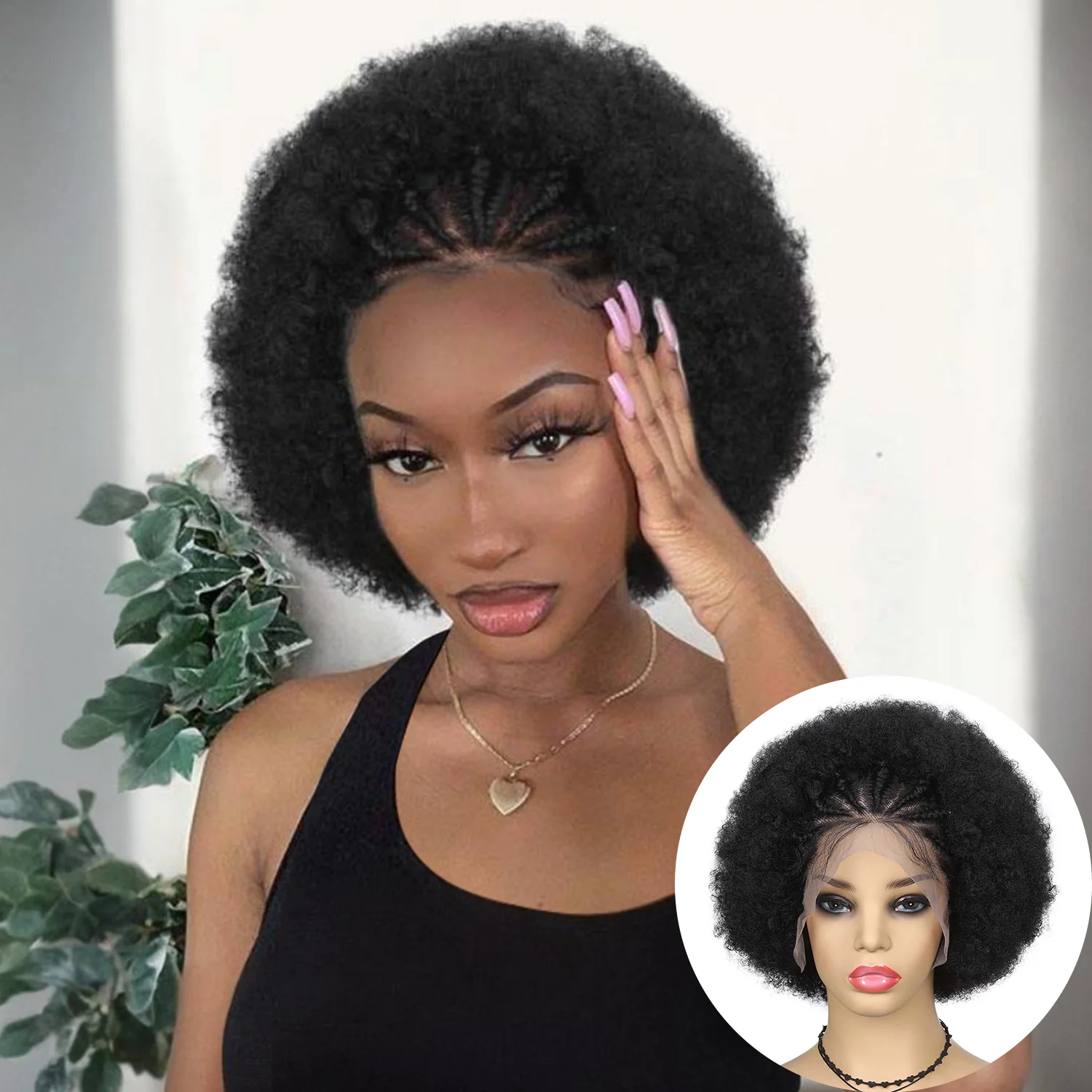 Cornrow Braide With Afro Puff Synthetic Wig 13x4Inch HD Lace Front Wig With Baby Hair Pre Plucked Glueless Transparent Lace Wigs