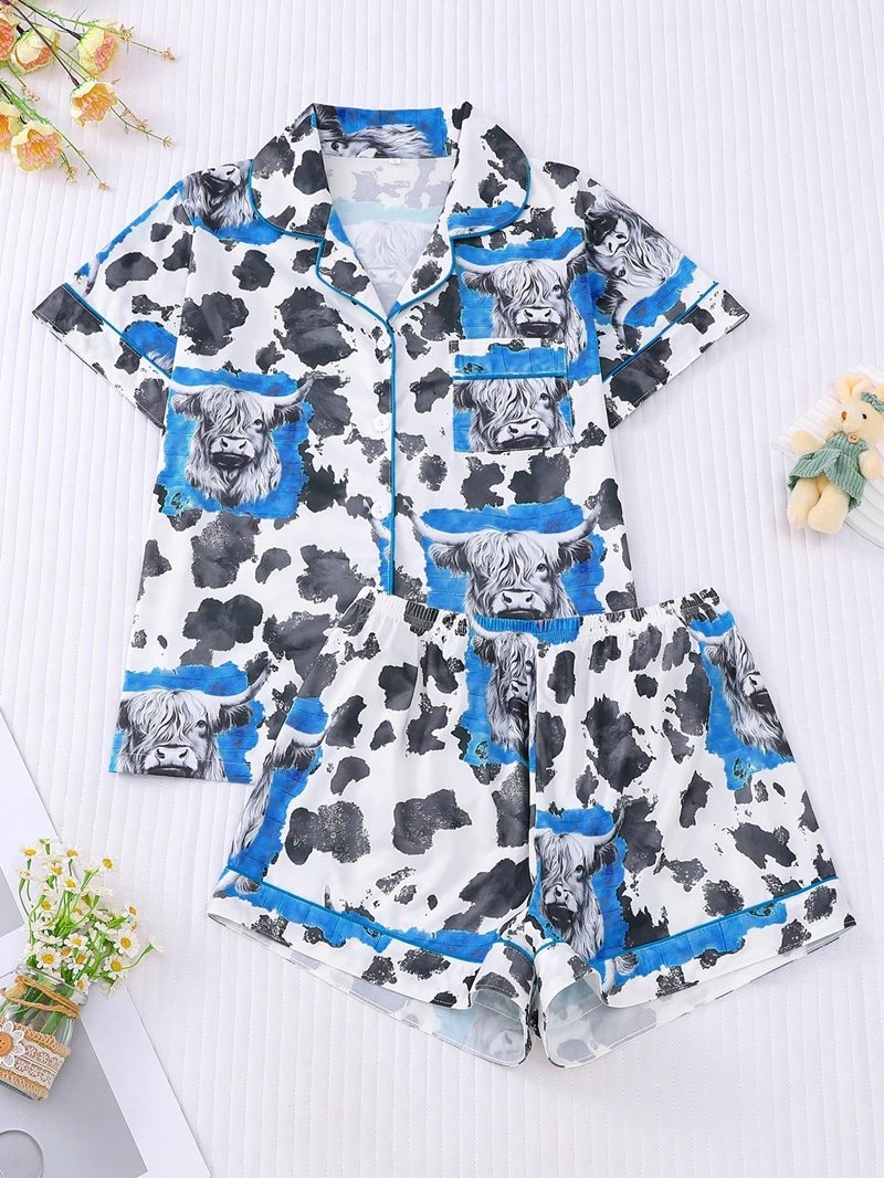 Women’s Pajama Set Short Sleeve Button-Down Top & Shorts Cute Cow Print Sleepwear Casual Loungewear for Summer Soft Nightwear