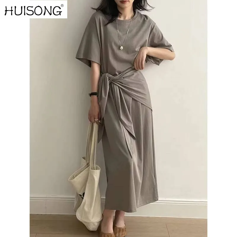 ผู้หญิงสีเทาขนาดใหญ่ที่ถอดออกได้Lace-Upเสื้อยืดชุดใหม่รอบคอแขนสั้นแฟชั่นฤดูใบไม้ผลิฤดูใบไม้ร่วง 2025